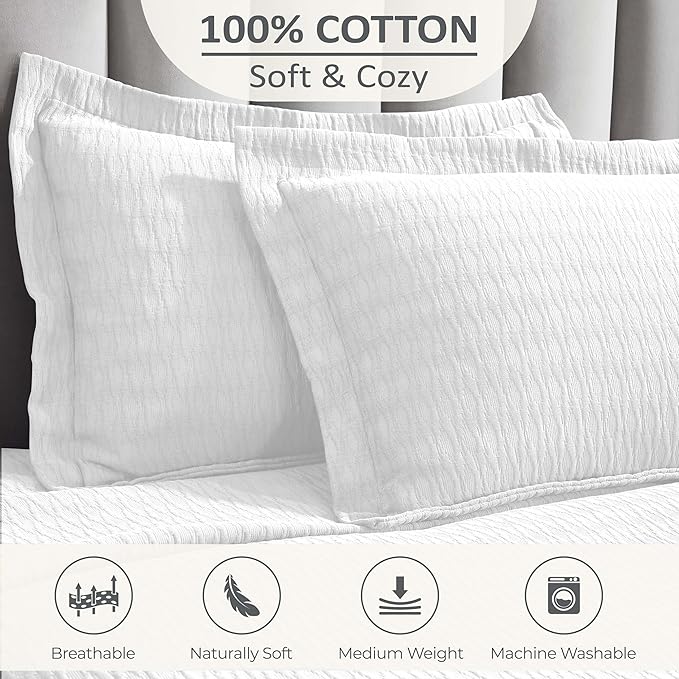 Superior 3 Piece Cotton Bedspread Set, Home Bed Decor, Decorative Bed Spread, 2 Pillow Shams, Medium Weight Blanket, Matelasse Coverlet, Bedding Essentials, Calvert Collection, Full, White