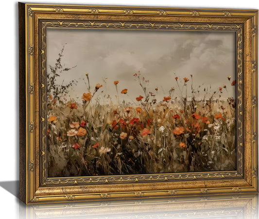 Vintage Gold Framed Wildflower Field Wall Art,Rustic Meadow Floral Wall Decor,Classic Nature Scenery Paintings for Living Room,Bedroom,Kitchen,Farmhouse Artwork Gift,11L x 9W