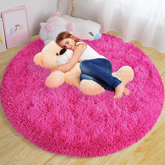 Round Fluffy Rugs 8Ft for Girls Bedroom, Hot Pink Shag Circle Kids Rug Non-Slip for Bedside Dorm Nursery Playroom, Soft Cute Area Rugs for Living Room Decor