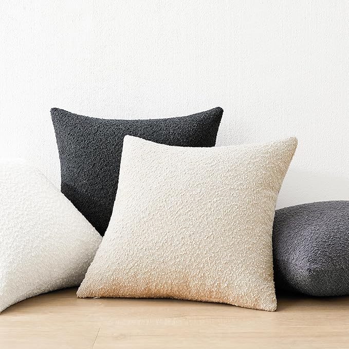 Mixhug Decorative Boucle Throw Pillow Covers, White, 20 x 20 Inches, Pack of 2 - Textured Boho Pillow Covers for Couch and Bed