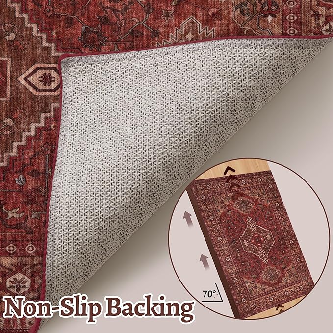 Tangsoo 2x6 Washable Runner Rug for Hallways, Non Slip Vintage Runner Rug, Soft Low Pile Long Rug Runner, Print Distressed Carpet Runners for Kitchen Bedroom Entryway Bathroom Living Room Dark Red