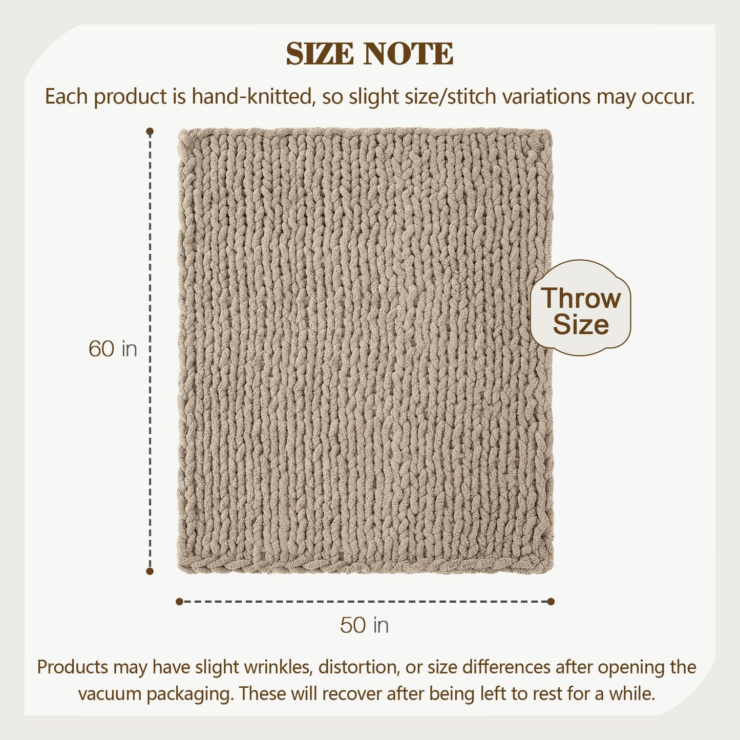 Carriediosa Chunky Knit Throw Blanket 50" X 60", 100% Hand Made Large Chenille Loop Yarn Soft Fluffy Throws for Couch Sofa Bed, Big Crochet Cozy Heavy Thick Cable Woven Blankets, Taupe