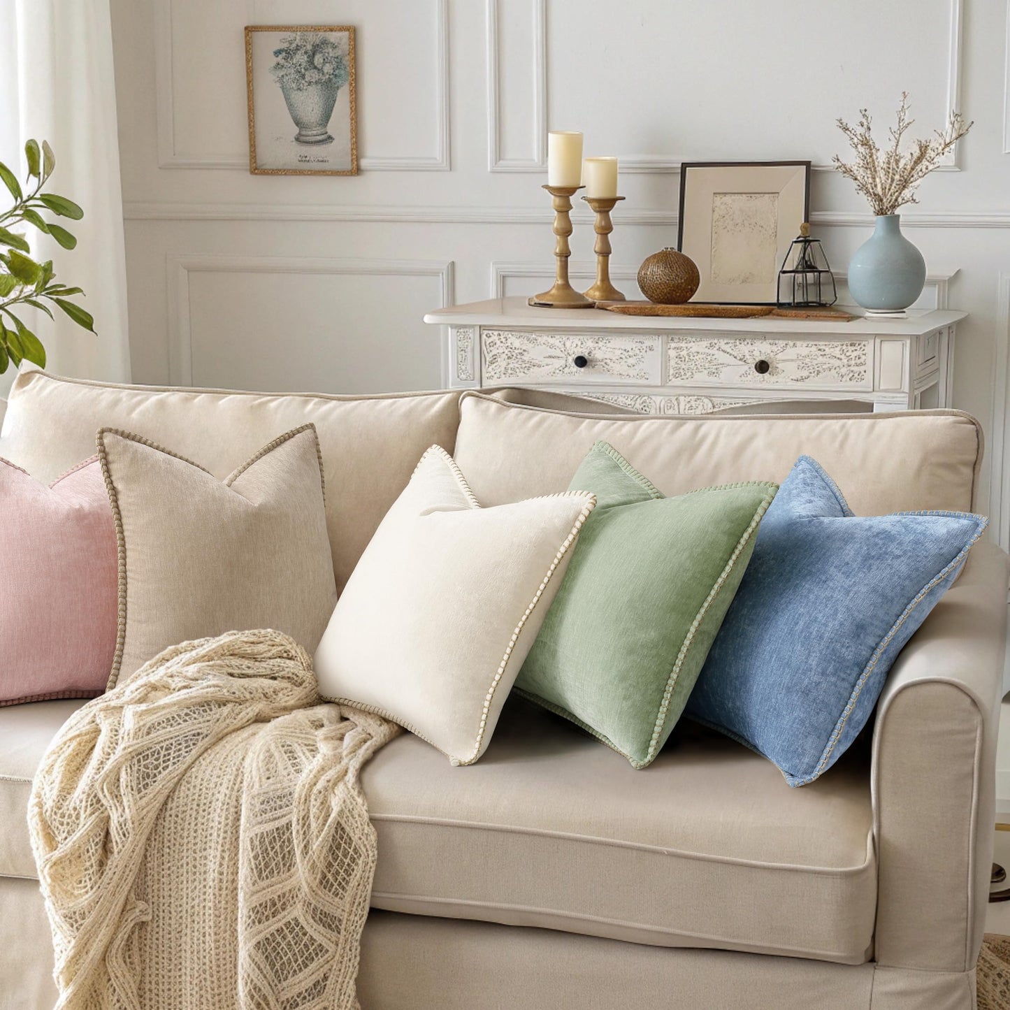 decorUhome Summer Chenille Soft Cozy Throw Pillow Covers 18x18 Set of 2, Modern Farmhouse Boho Velvet Decorative Pillow Cases with Stitched Edge for Couch Sofa Bed Home Decor, Sage Green