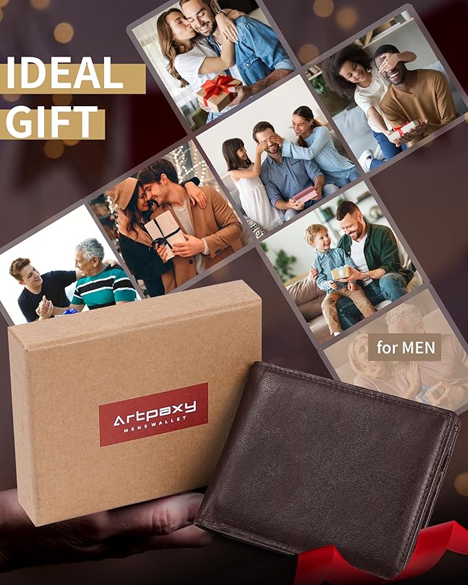 Artpaxy Mens Wallet Bifold Genuine Leather RFID Blocking Wallet for Men with 1 ID Windows 13 Card Holders 2 cash pockets 1 Gift Box