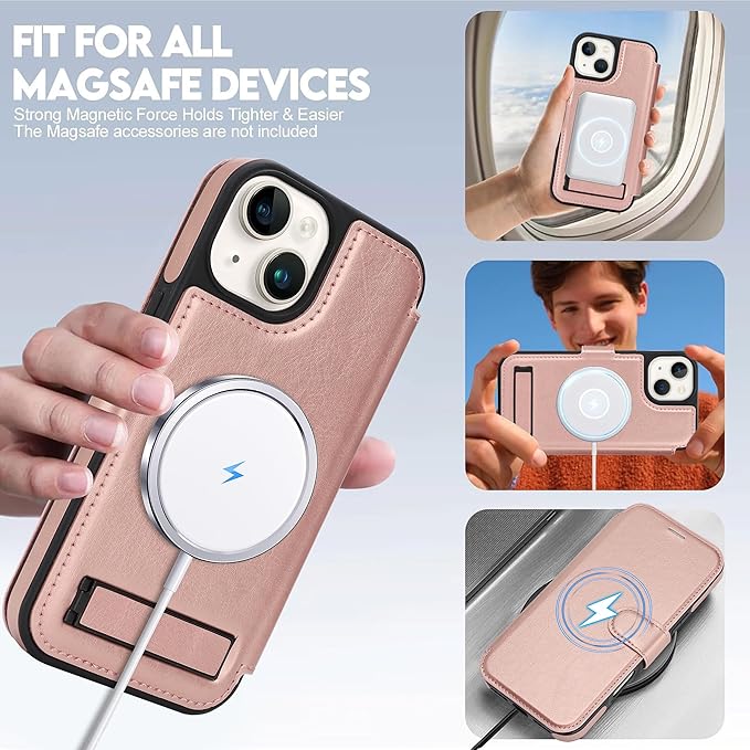 CIVICASE for iPhone 15 Wallet Case with Stand,PU Leather Flip Credit Card Holder Slots (RFID Blocking),Compatible with Magsafe Magnetic Holder Phone Cover Women Men, Rose Gold