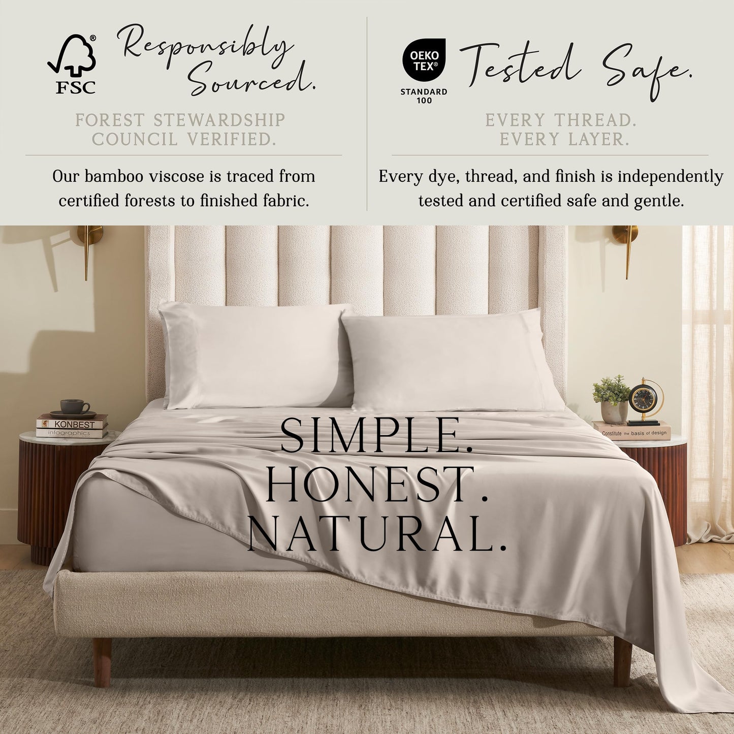 KARISSA MAE Luxury Bamboo Viscose Queen Size Sheet Set | 100% FSC Certified | Cooling | Luxuriously Soft | 18" Deep Pockets | with Organizer Band & Elastic Corner Straps [Dune]