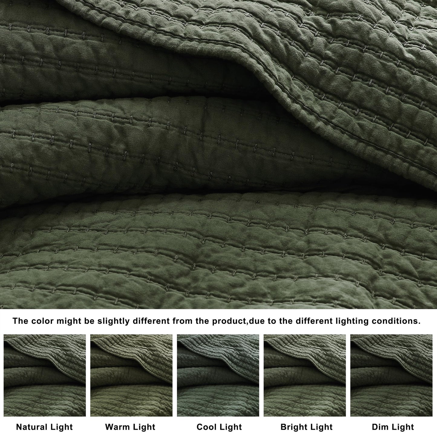 WDCOZY 100% Cotton King Size Quilt Set - Olive Green Striped Pick Stitch Soft Lightweight Bedspread, Textured Like Linen, Farmhouse Country Rustic Coverlet, Shabby Chic Gauze Bedding, 3 Pieces