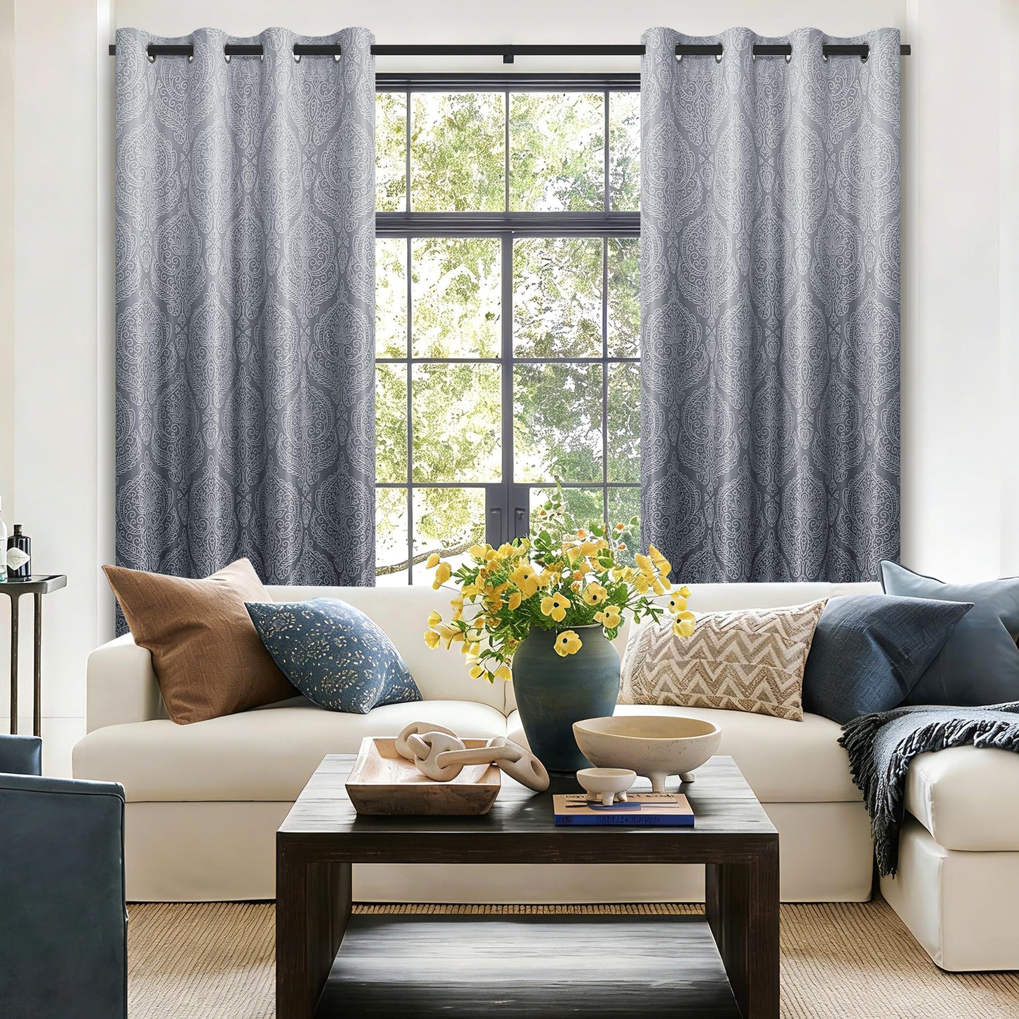 DWCN Grey 100% Blackout Curtains for Bedroom 84 Inch Long - Double Layers Damask Patterned Ombre Thermal Insulated Energy Saving Drapes for Living Room, Gradient Window Curtain 2 Panels, 52 x 84 Inch