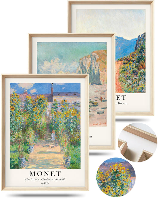 HesenDot Framed Claude Monet Wall Art 3 Piece,12x16in High Framed Design Canvas Prints Wall Decor,Vintage Impressionism Landscape Artwork Poster Home Decoration for Living Room Bedroom Gallery Office