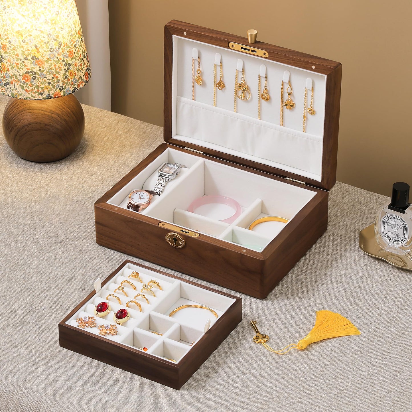 Black Walnut Wooden Jewelry Box with Lock, 2 Layer Natural Solid Wood Jewelry Organizer with Removable Tray, Velvet Lined Storage for Necklace Ring Earrings Watch Bracelet, Gifts for Mom Women Girl