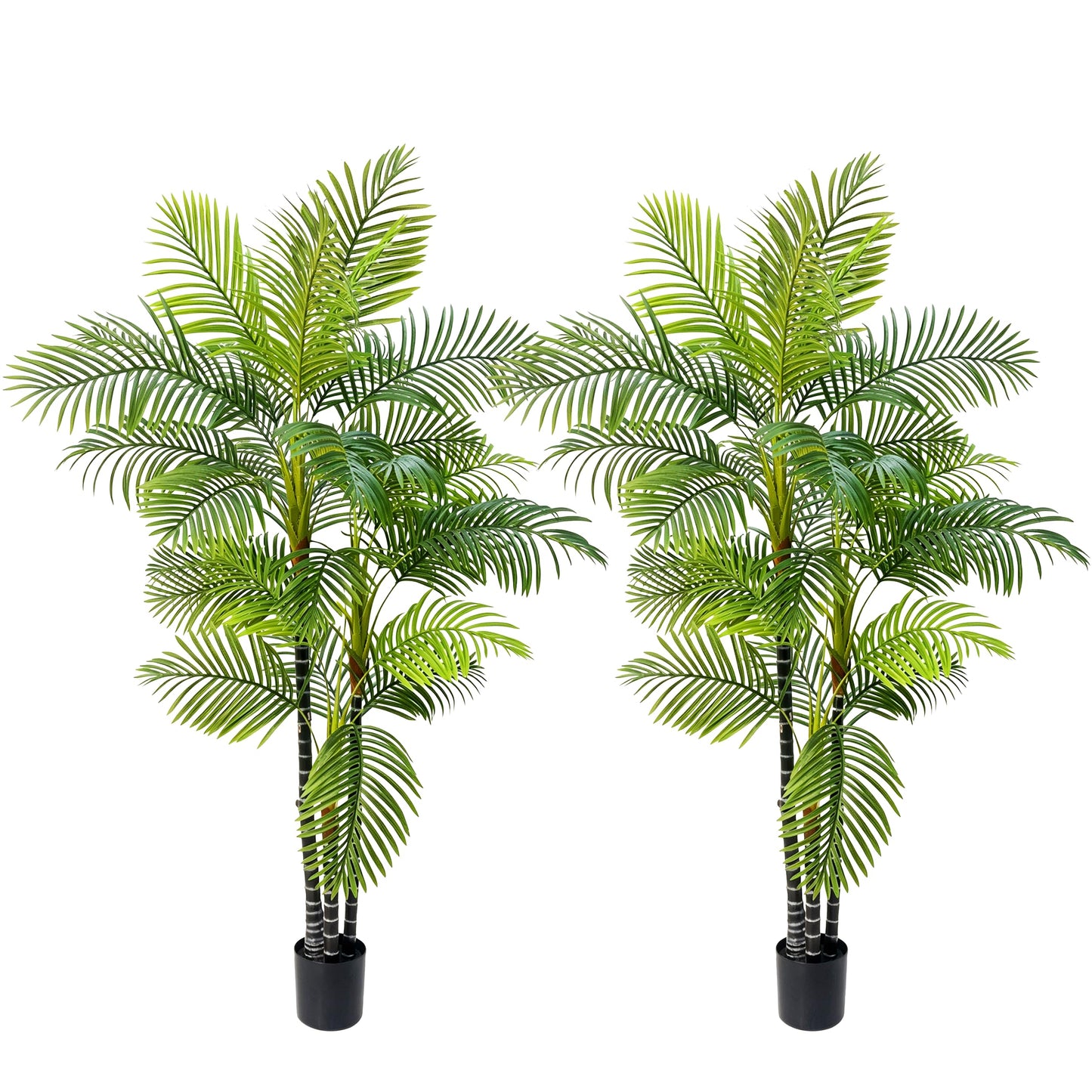 Joyplants 7FT Artificial Palm Tree Set of 2, UV Resistant Fake Areca Palm with Black Planter, Triple Trunk Large Silk Faux Palm Tree Indoor Outdoor House Office Poolside Decor
