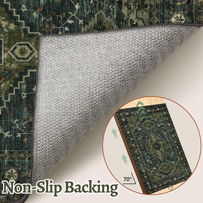 Tangsoo Oriental Small Washable Rugs for Entryway 2x3 Vintage Olive Green Rug Non Slip Small Area Rug, Front Door Boho Print Door Mat Indoor Entrance Soft Low Pile Throw Rug for Entry Kitchen Bedroom
