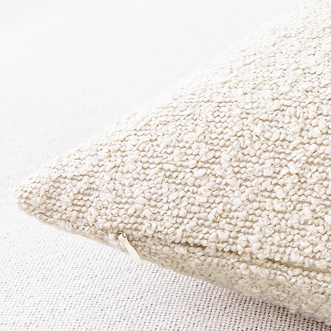 Mixhug Decorative Boucle Throw Pillow Covers, Beige, 12 x 20 Inches, Pack of 2 - Neutral Textured Boho Pillow Covers for Couch and Bed