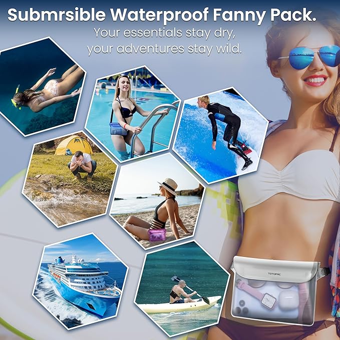 2-Pack Waterproof Fanny Pack, Phone Pouch with Waist Strap, 9x6.7 Inch Dry Bag for Phone, Cash, and Valuables – for Swimming, Kayaking, Boating, Snorkeling, and Water Sports (2, White + White)