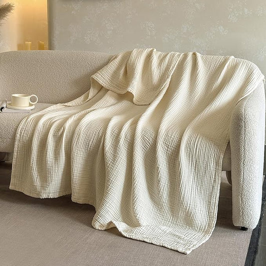 FALUCA Cotton Muslin Reversible Blanket Twin Size for Bed, Couch, Four Layers Blanket, Soft Lightweight Cozy Breathable Farmhouse Decoration for All-Season, Beige