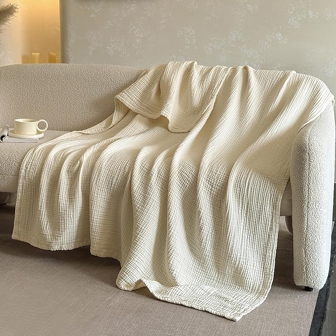 FALUCA Cotton Muslin Reversible Blanket Queen Size for Bed, Couch, Four Layers Blanket, Soft Lightweight Cozy Breathable Farmhouse Decoration for All-Season, Beige