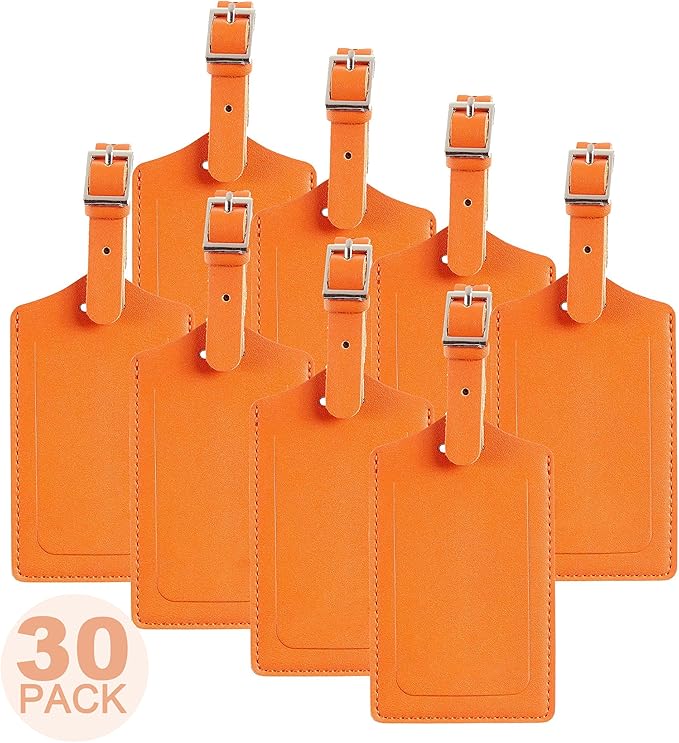Travelambo 30 Pack Luggage Tags Faux Leather for Suitcases Travel Bag Labels with Protection Cover ID (Orange)