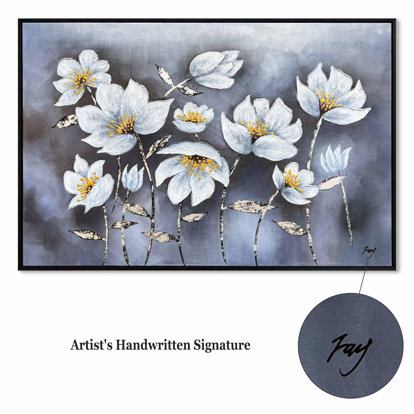 Eonzeun Hand Painted Textured White Floral Oil Painting, 24x36 Inch Wood Framed Canvas Wall Art, Modern Luxury Home Decor for Living Room Bedroom