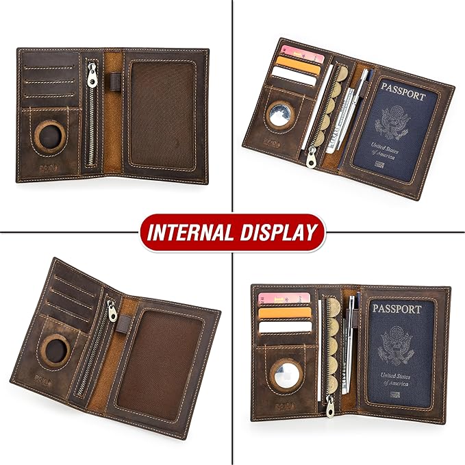 Top Grain Leather Single Travel Passport Wallet Embossing Badge for Unisex, Folio Design for Passport & Multi Cards, RFID Blocking for Passport/Cards/Checks/Bills/AirTag, Coffee Default, IN