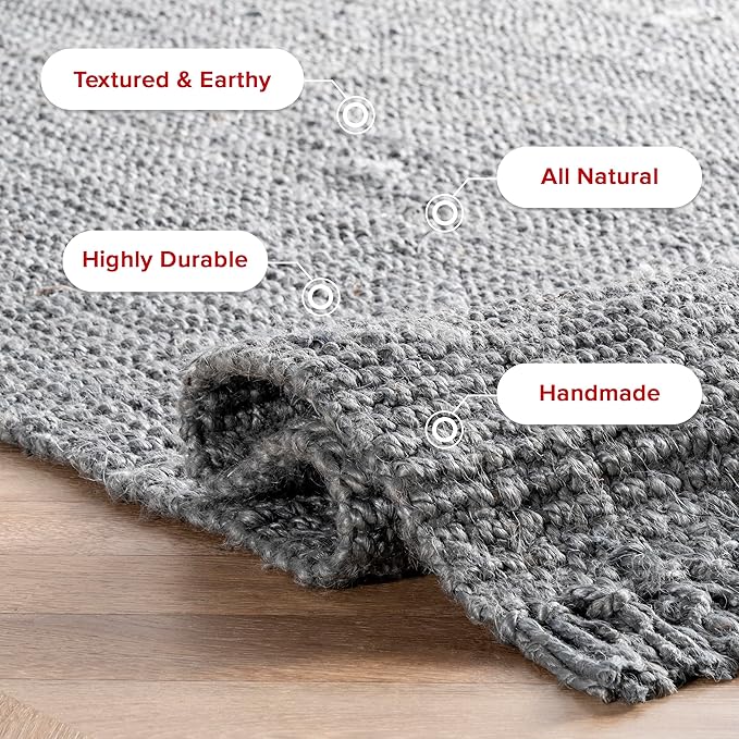 Nuloom Daniela Grey, 4' x 6', Handmade, Jute, Tassel, Soft and Textured, High Traffic, Stain Resistant, Easy Clean, Durable Area Rug for Bedroom, Living Room, Dining Space, Foyer, Entryway