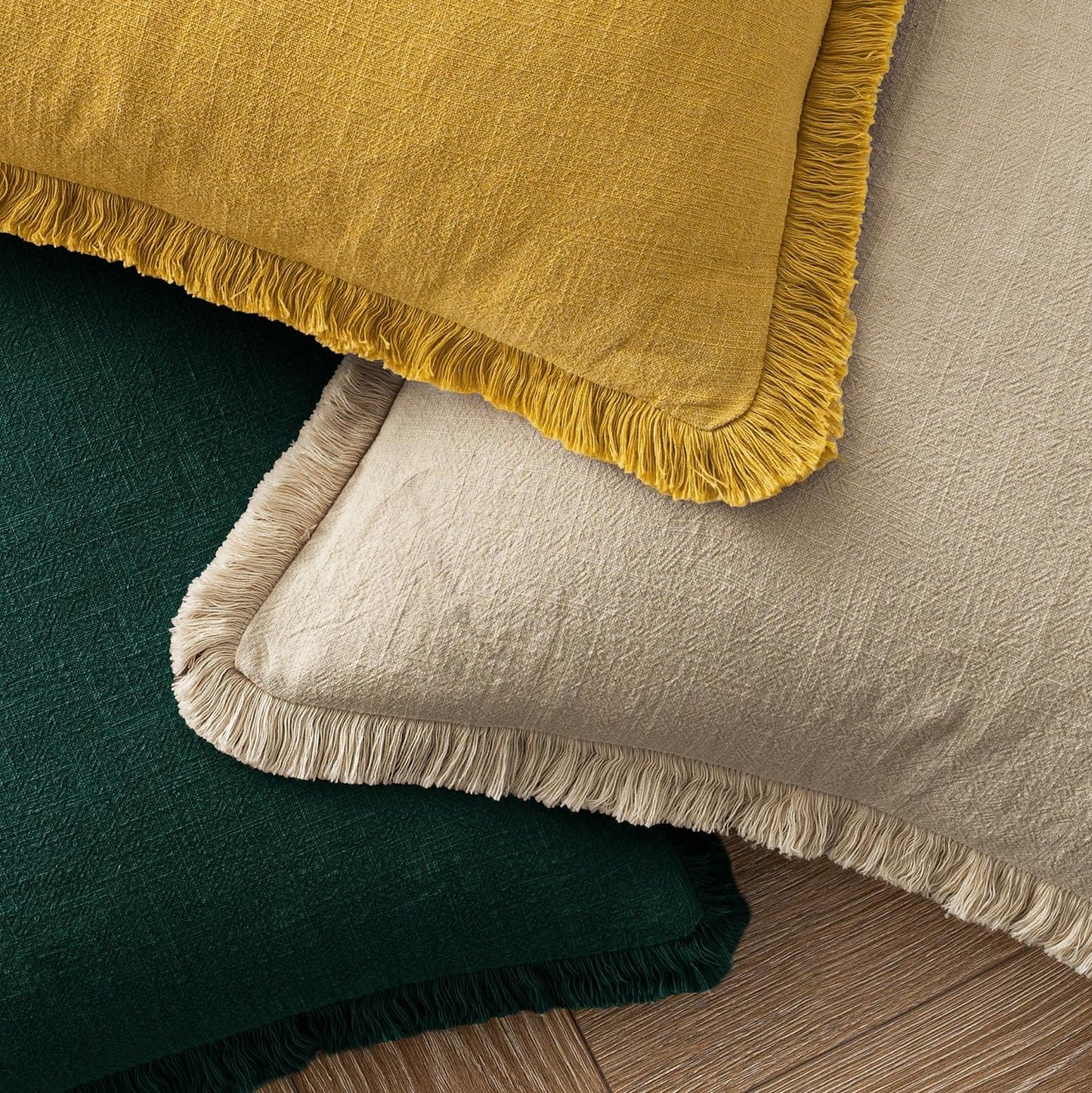 MIULEE Decorative Throw Pillow Covers Neutral Linen Fringe Throw Pillows Set of 2 Beige Boho Farmhouse Cushion Covers with Tassels for Couch Sofa Bed Living Room Spring Home Decor 18x18 Inch