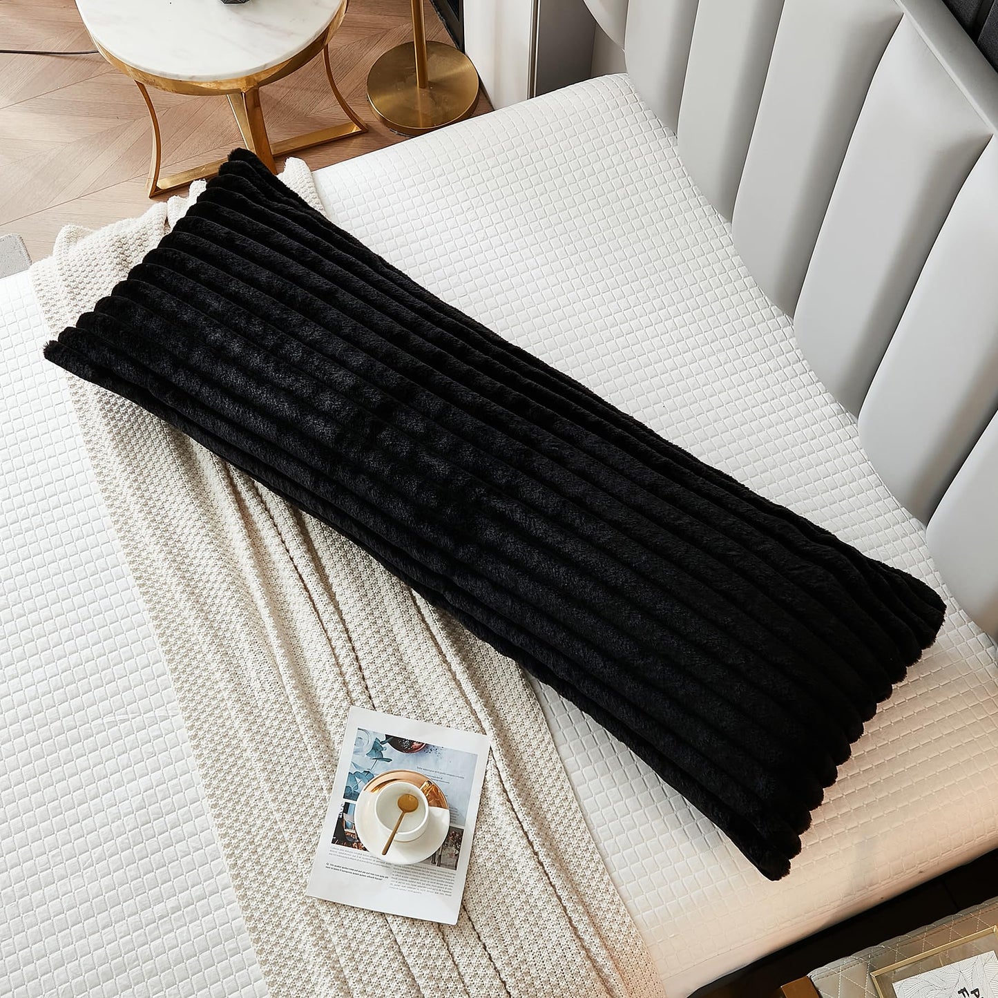 Uhamho Large Bed Body Pillow Cover 1 Pack Lumbar Striped Pillowcase Modern Home Decorative Soft Faux Rabbit Fur and Velvet Back 21x 54 Inches Zipper Closure, Black