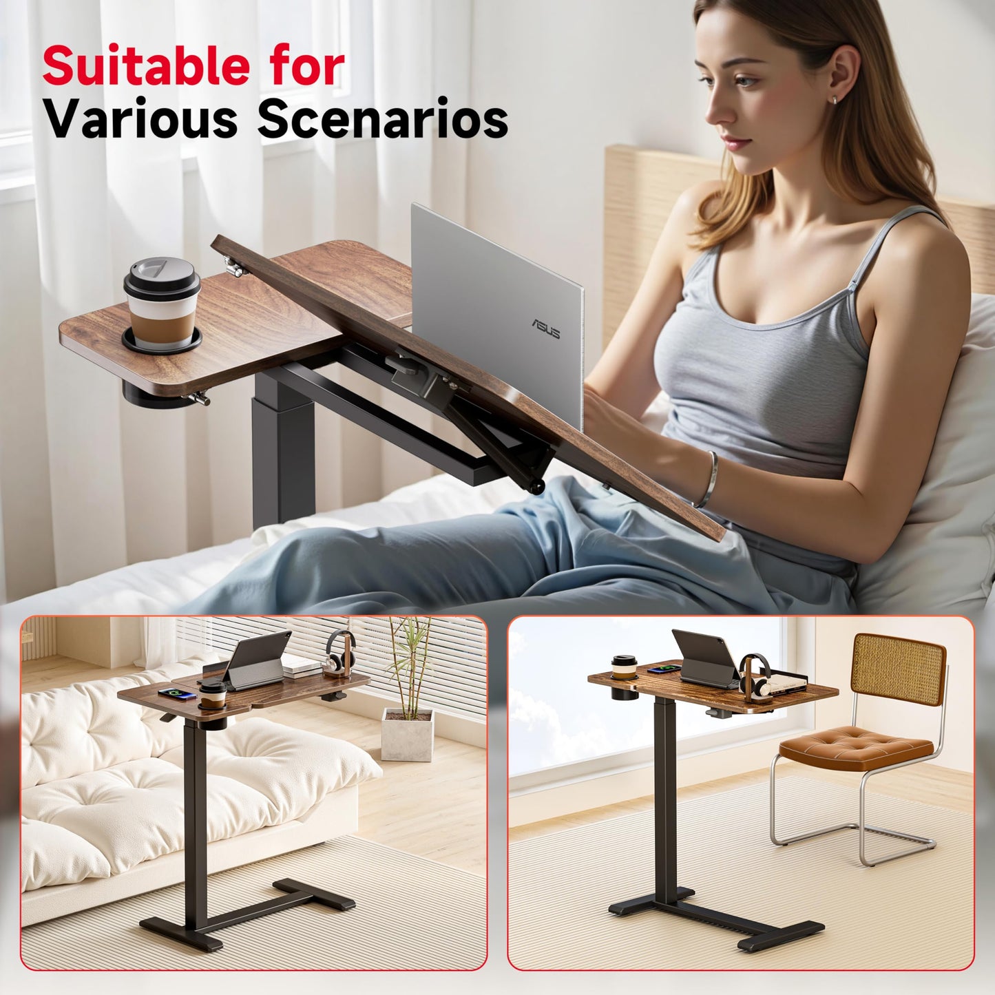 Okin Overbed Bedside Table with Wheels, Adjustable Medical Tilt Top Hospital Bed Table Over The Bed, Rolling Desk Mobile Standing Desk for Hospital Home Use (Walnut)