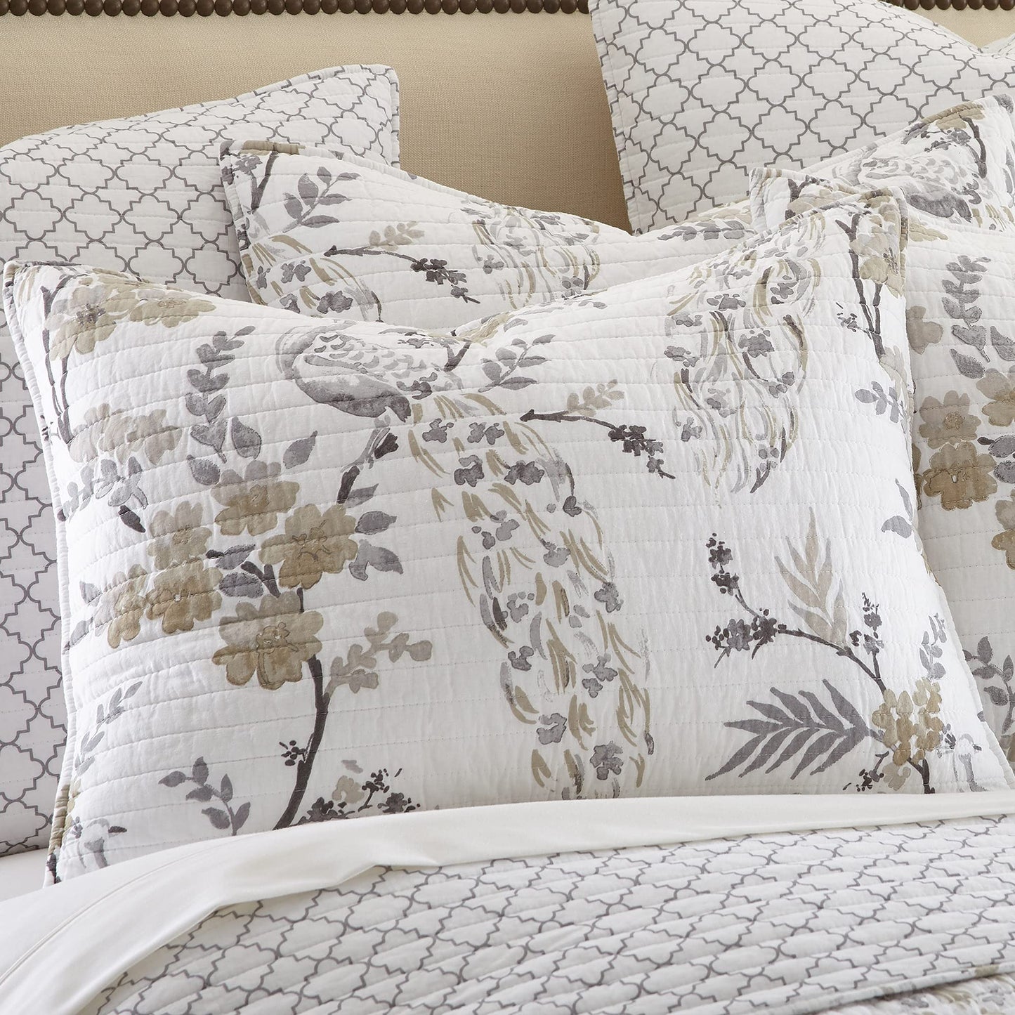 Levtex Home Pisa Reversible King/Cal King Quilt Set (106x92in) with 2 Pillow Shams (36x20in) - Floral Peacock - Grey, Taupe - 100% Cotton King Size Quilt Bedding Set - Lightweight, Soft, Pre-Washed