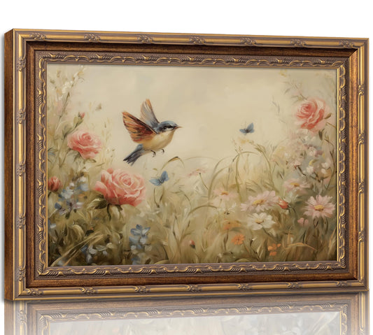 Vintage Gold Framed Bird Canvas Wall Art Vintage Plant Bird Prints Sketch Spring Floral Wall Decor Wildflower Meadow Beige Plants Style Poster Print Artwork for Living Room Bedroom Home Decoration