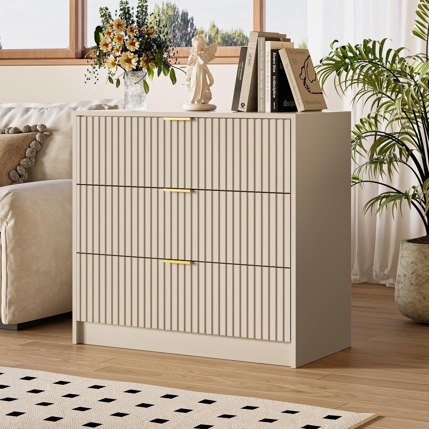 MAISONARIA 3-Piece Dresser Bedroom Set, 9 Drawer Dresser & 3 Drawer Nightstands with Gold Handles, Fluted Wood Chest of Drawers for Bedroom, Living Room, Entryway, Beige
