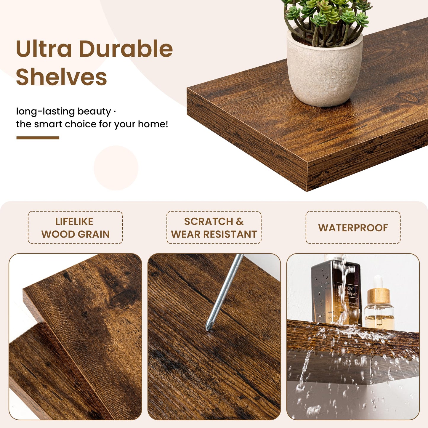 Marsmiles 36in Floating Shelves for Wall, 36" W x 9.25" D x 1.25" H, 2 Pack Long Wall Mounted Engineered Wood Shelves with Invisible Brackets for Living Room, Bedroom, Bathroom, Kitchen, Rustic Brown