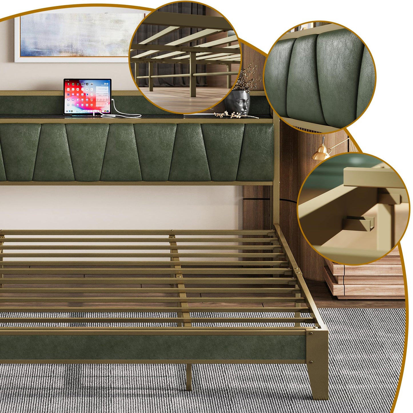 LIKIMIO King Bed Frame, Storage Headboard with Charging Station, Solid and Stable, Noise Free, No Box Spring Needed, Easy Assembly (Dark Green)