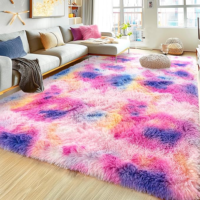 8x10 Large Area Rugs for Living Room, Ultra Fluffy Shag Rug for Bedroom, Modern Plush Soft Carpet for Girls Boys Kids Room Dorm Fuzzy Non Slip Rug for Home Decor Aesthetic, Dark Rainbow