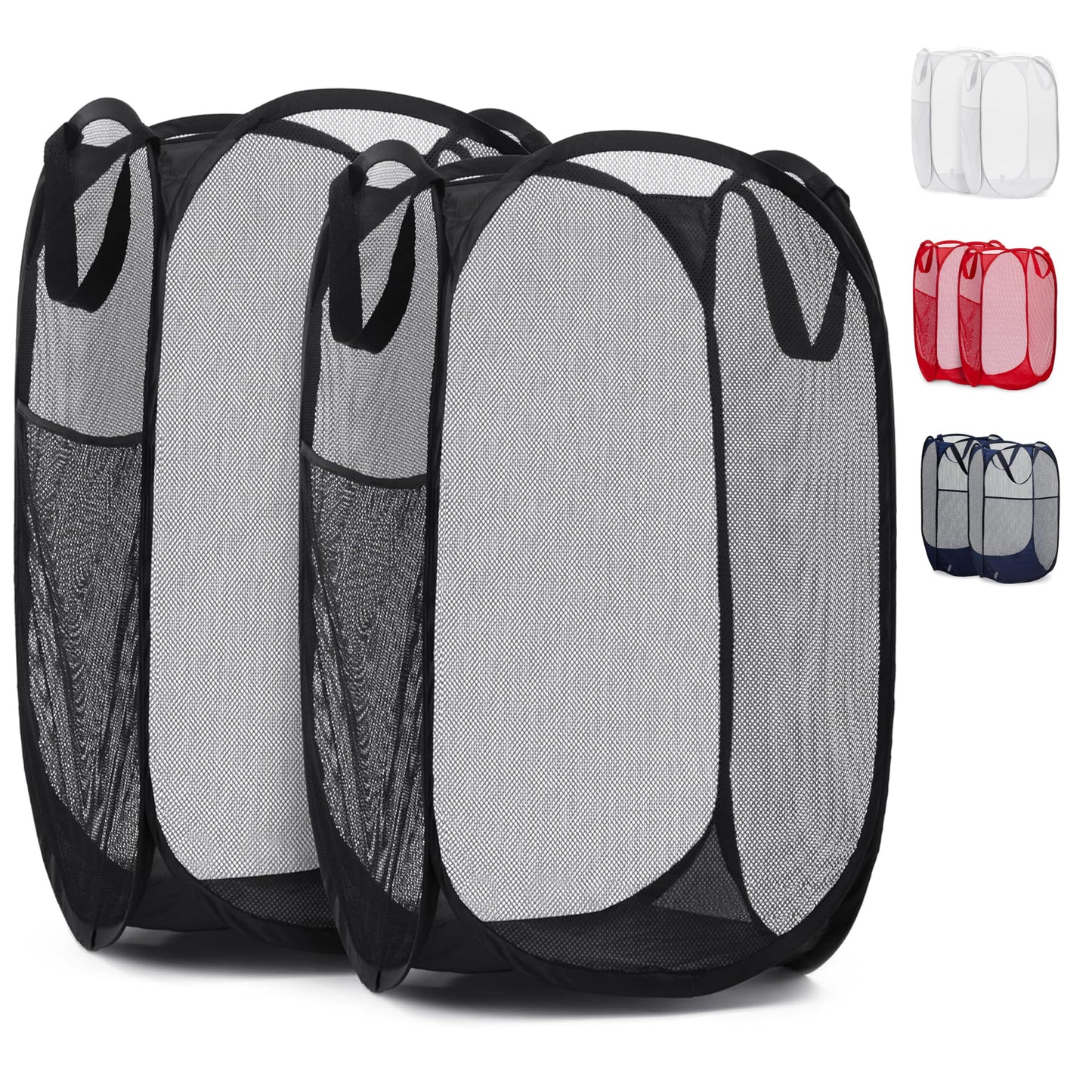 Handy Laundry Collapsible Mesh Pop Up Hamper with Wide Opening and Side Pocket - Breathable, Sturdy, Foldable, and Space-Saving Design for Clothes and Storage (Black | 2-Pack)