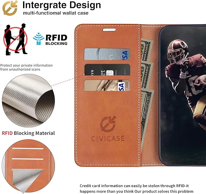 CIVICASE for iPhone 16 Plus Wallet Case,PU Leather Flip Case RFID Blocking Credit Card Holder Folio Magnetic Stand TPU Shockproof Cover Compatible with iPhone 16 Plus, Brown