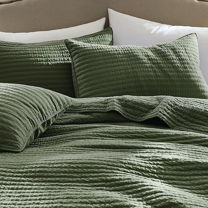 WDCOZY 100% Cotton Twin Size Quilt Set - Olive Green Striped Pick Stitch Soft Lightweight Bedspread, Textured Like Linen, Farmhouse Country Rustic Coverlet, Shabby Chic Gauze Bedding, 2 Pieces