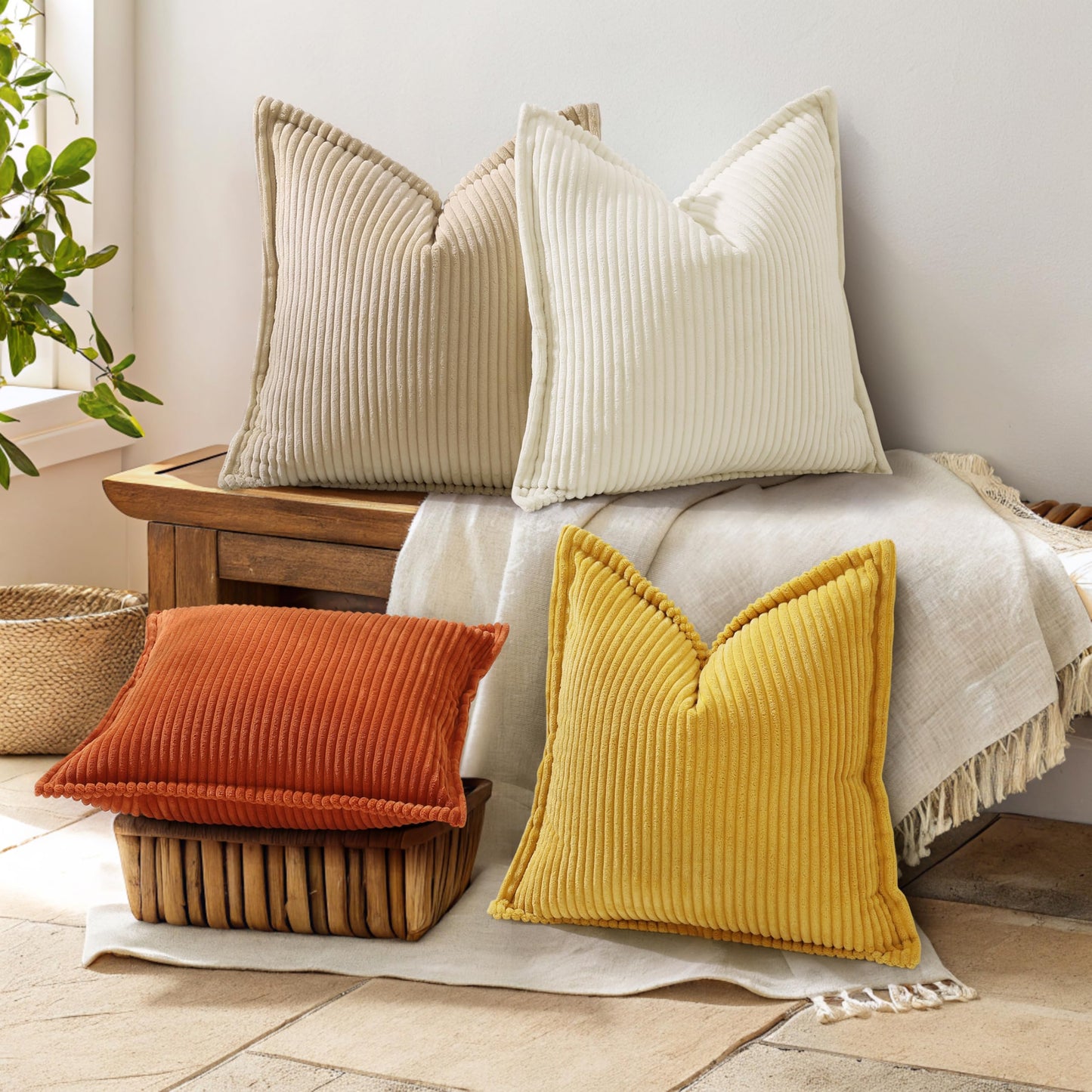 decorUhome Summer Corduroy Cream White Euro Sham Throw Pillow Covers 22x22 Set of 2 Decorative Soft Boho Farmhouse Couch Pillow Covers for Living Room Bed Sofa Broadside Striped Pillow Cases