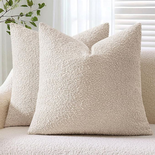 ANRODUO Pack of 2 Textured Boucle Throw Pillow Covers Soft Beige Euro Decorative Accent Solid Pillow Cases Cozy Modern Couch Cushion Case for Chair Sofa Bedroom Living Room Home Decor, 26 x 26 Inch