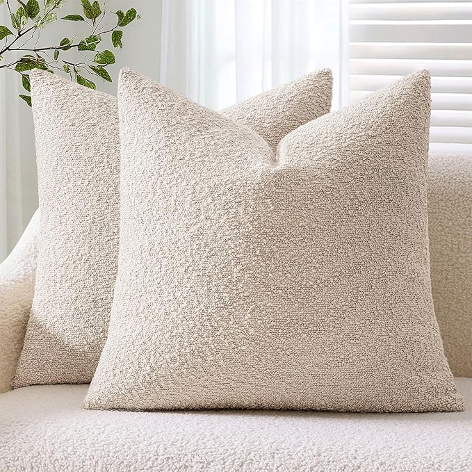 ANRODUO Pack of 2 Textured Boucle Throw Pillow Covers Soft Beige Euro Decorative Accent Solid Pillow Cases Cozy Modern Couch Cushion Case for Chair Sofa Bedroom Living Room Home Decor, 22 x 22 Inch