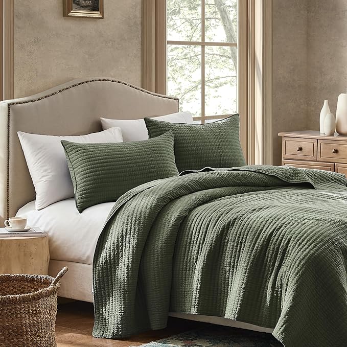 WDCOZY 100% Cotton Twin Size Quilt Set - Olive Green Striped Pick Stitch Soft Lightweight Bedspread, Textured Like Linen, Farmhouse Country Rustic Coverlet, Shabby Chic Gauze Bedding, 2 Pieces