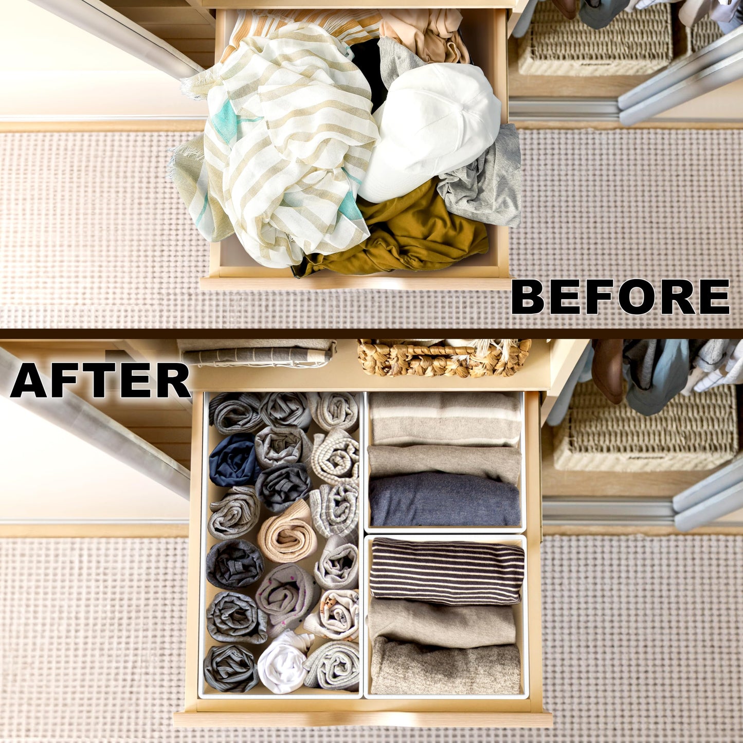 Simple Houseware Foldable Drawer Organizer Set of 12, Beige – Fabric Storage Bins for Clothes, Underwear, Bra, Panty, Socks, Onesies – Closet & Dresser Drawer Dividers for Home Organization