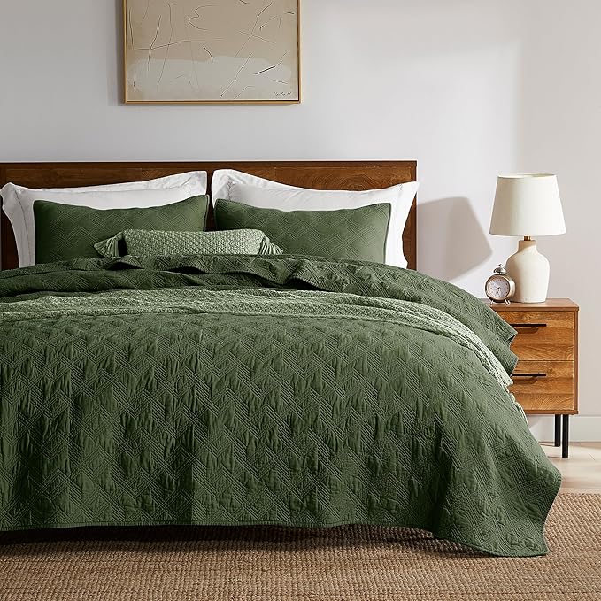 WDCOZY 100% Cotton Twin Size Quilt Set - Olive Green Pre-Washed Soft Lightweight Modern Bedspread, Farmhouse Country Rustic Coverlet, Textured Like Linen, Shabby Chic Gauze Bedding, 2 Pieces