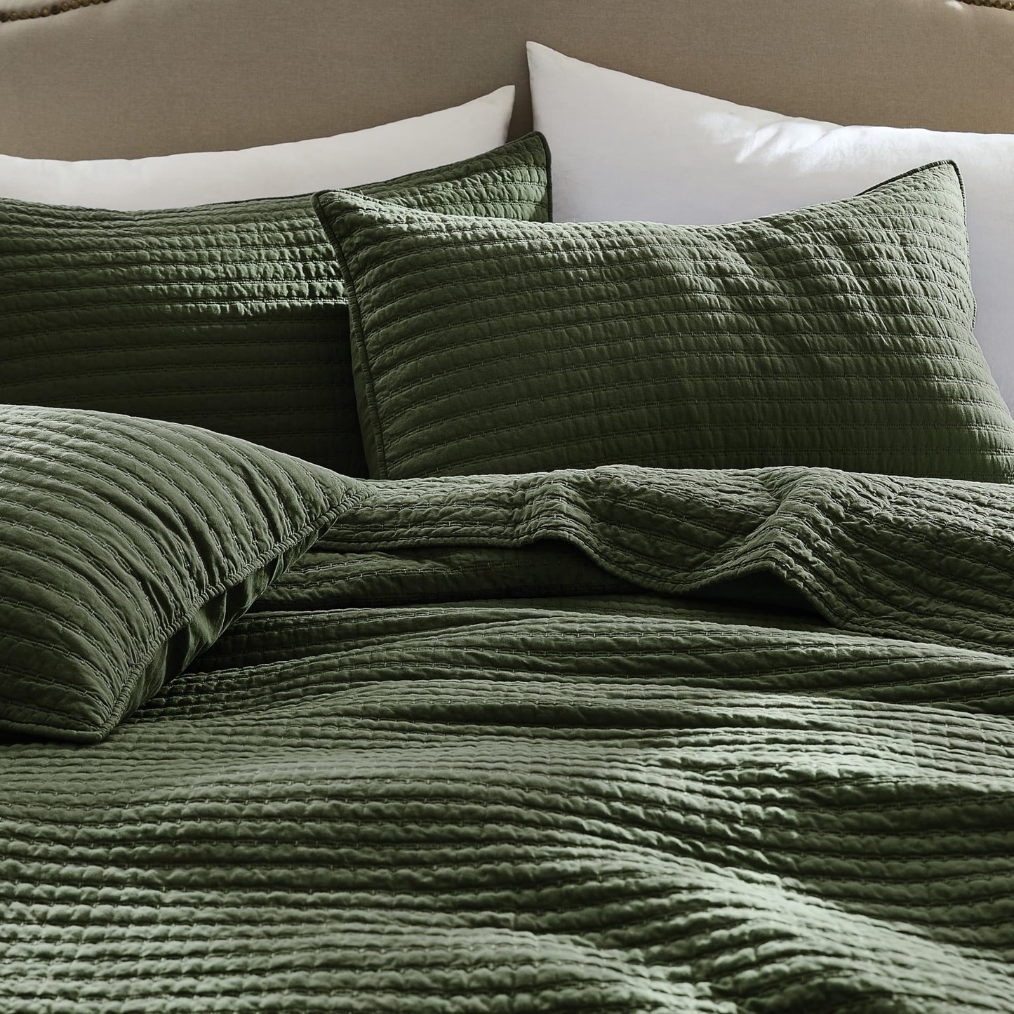 WDCOZY 100% Cotton King Size Quilt Set - Olive Green Striped Pick Stitch Soft Lightweight Bedspread, Textured Like Linen, Farmhouse Country Rustic Coverlet, Shabby Chic Gauze Bedding, 3 Pieces
