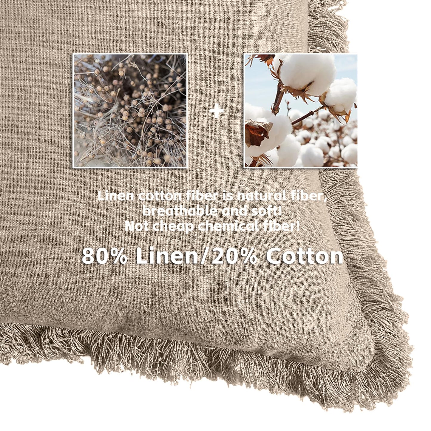 AmHoo Pack of 2 Linen Pillow Covers with Tassels Fringed Decorative Rustic Natural Throw Pillowcase Cushion for Couch Sofa Bedroom 18 x 18-Inch Beige