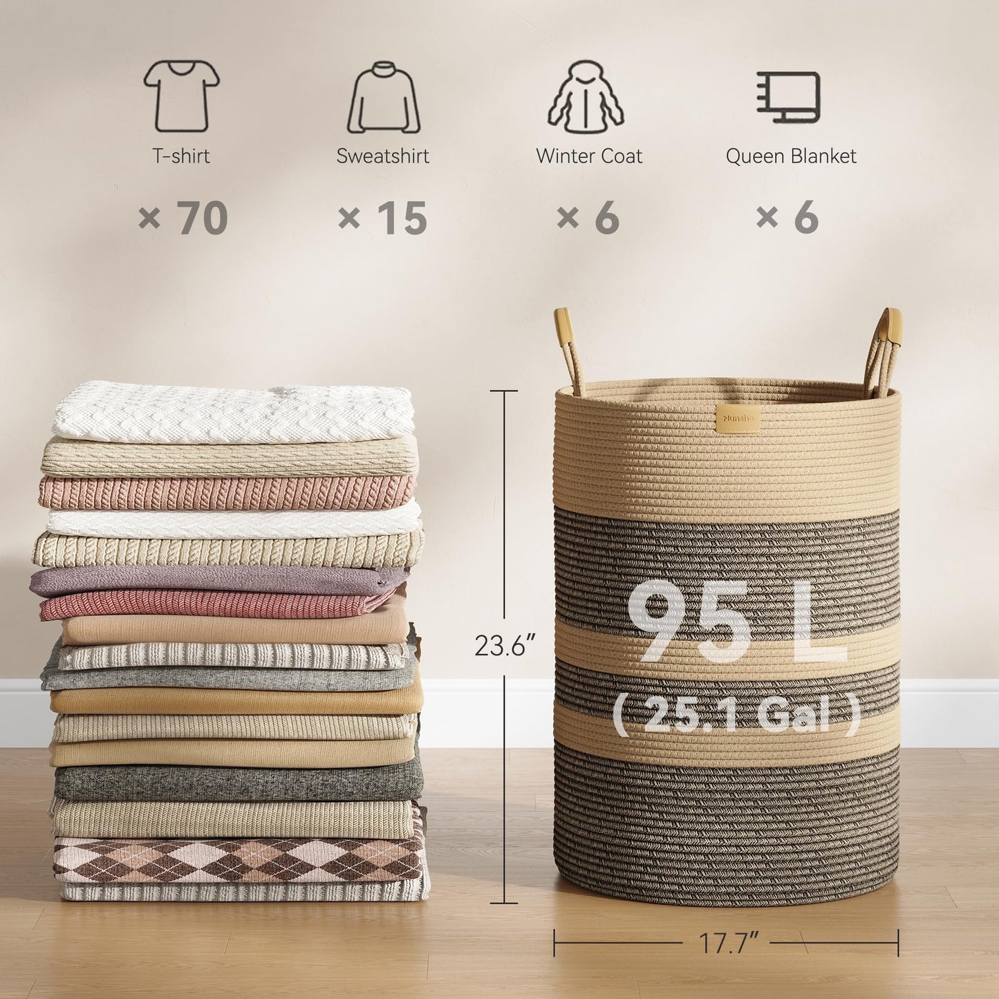 Nunsino 95L Striped Laundry Hamper with Leather Handles,Large Foldable Laundry Basket for Clothes,Cotton Rope Storage Bin for Blankets,Woven Clothes Basket for Bedroom,Dark Brown Stripes