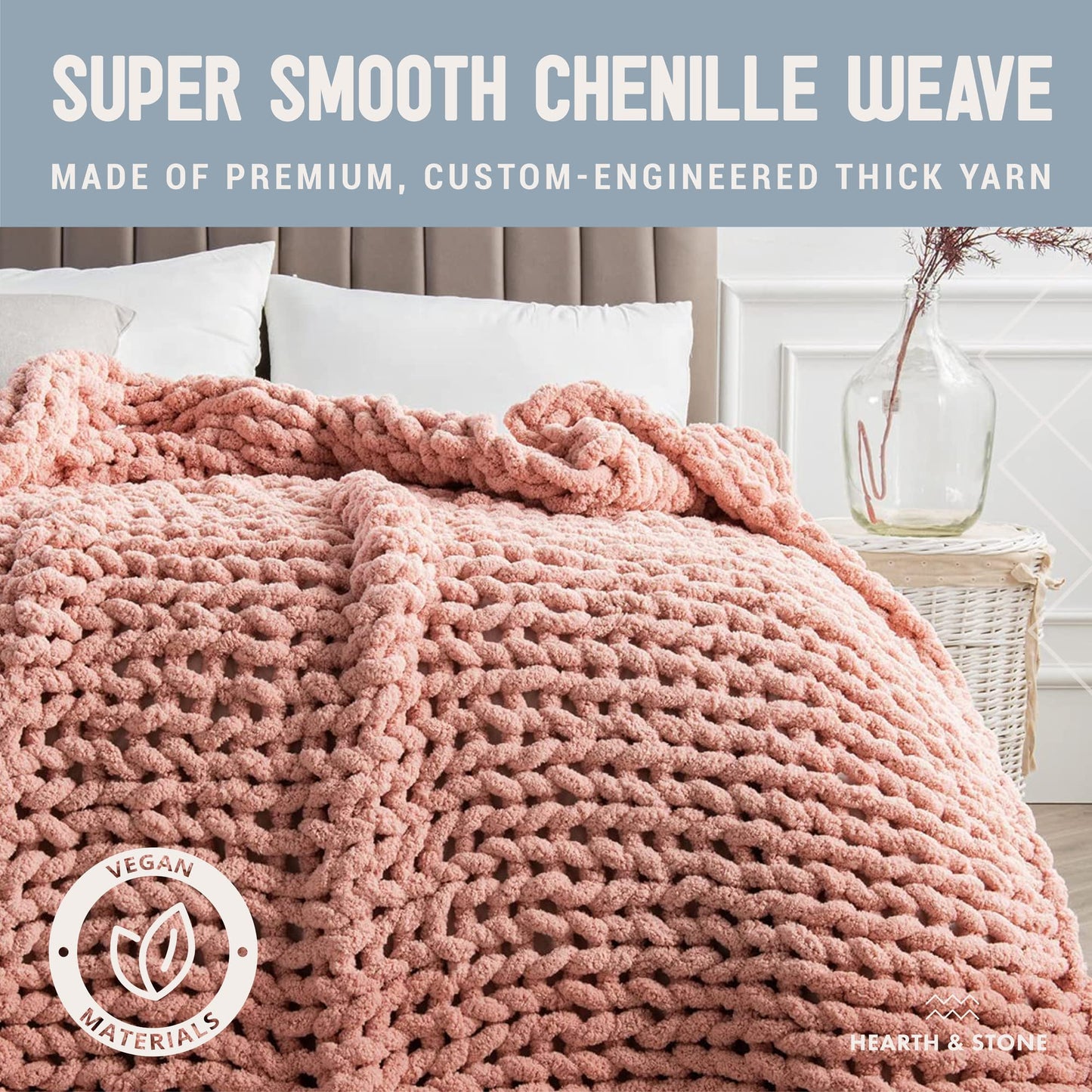 Chunky Knit Blanket Throw - 50"x60" 3.7 lbs.- Soft Chenille Yarn Knitted Blanket -Machine Washable Crochet Blanket - Handmade Cable Knit Throw Blanket for Couch, Bed (Blush Pink)