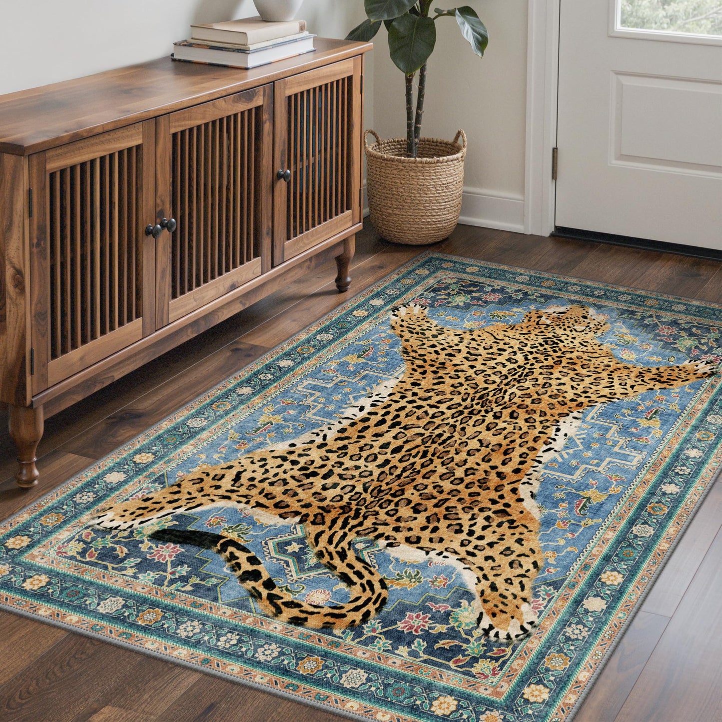 Bavni 5x7 Leopard Rug, Machine Washable Cheetah Animal Print Low Pile Boho Woodland Jungle Carpet, Non-Slip Non-Shedding Pet Friendly Rug for Living Room Playroom Bedroom Entryway, Blue