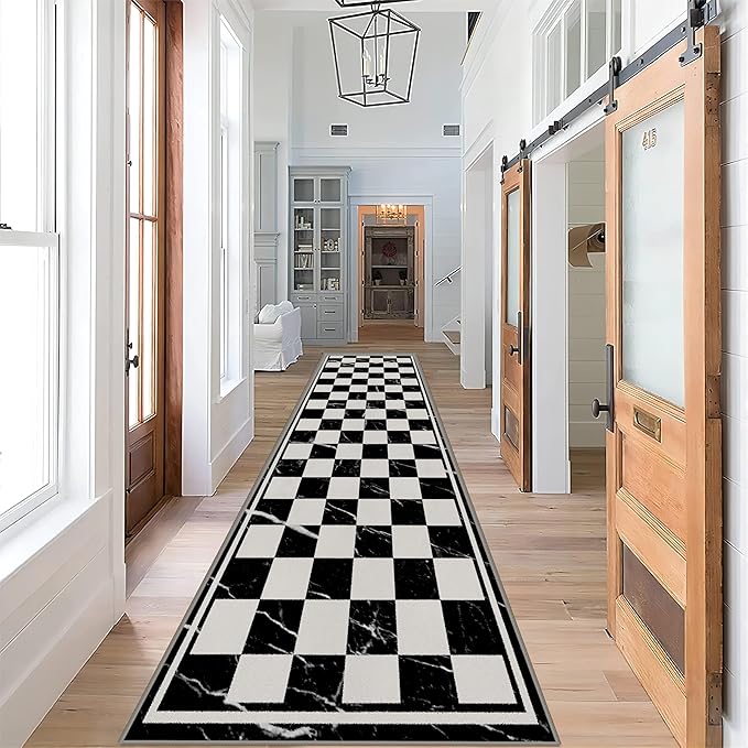 Grey Black Checkered Kitchen Hallway Carpet, 2x8ft, Abstract Black Marble Indoor Decor Washable Rugs, Durable Soft Cozy Non Slip Rug, Breathable Non Shedding Mats for Front Porch