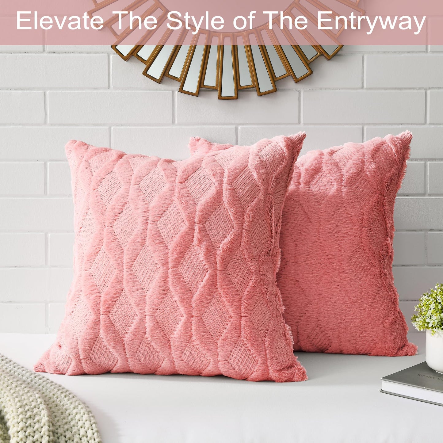 Volcanics Pack of 2 Faux Wool Throw Pillow Covers 20x20 Inches Decorative Farmhouse Velvet Couch Pillow Case Soft Plush Square Boho Cushion Pillowcase, Embroidery, Geometric, Home, Coral Red