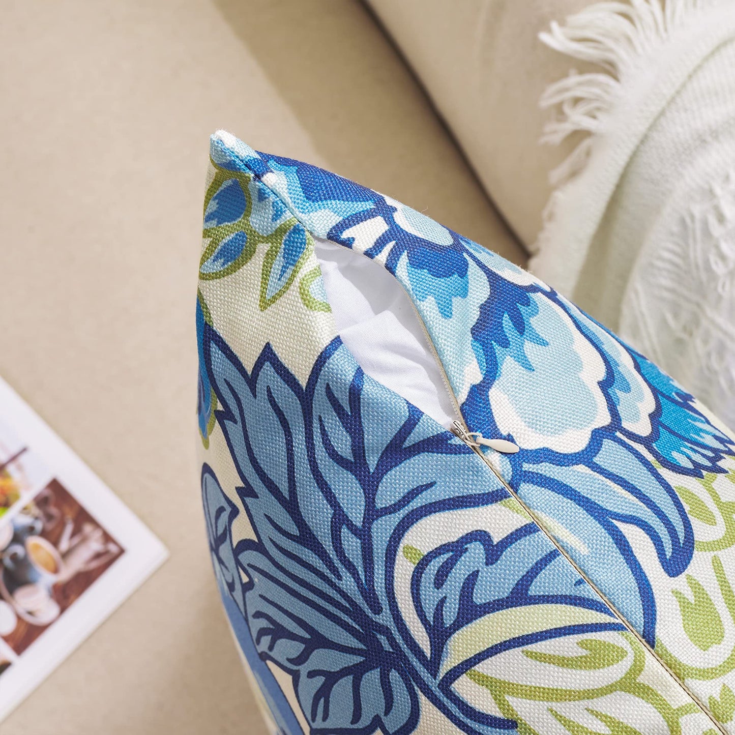 BLESFEST Pack of 2, Chinoiserie Pillow Cover 18 x 18 Inch Peony Floral Pillow Covers Linen Flower Throw Pillow Covers Farmhouse Pillowcase Cushion Covers for Sofa Couch Living Room Blue Beige